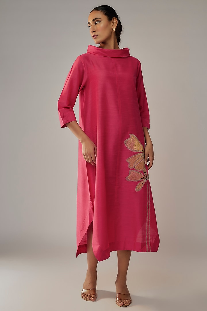 Hot Pink Cotton Silk Leaves Embroidered Dress by Taika By Poonam Bhagat