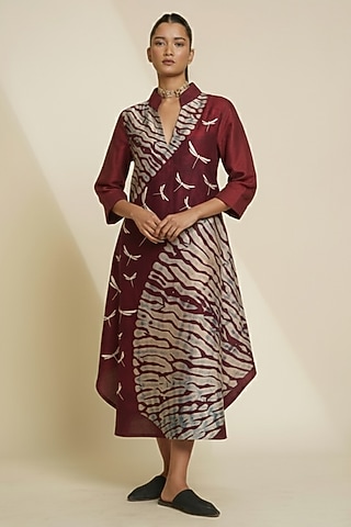 Deep Burgundy Blended Silk Digital Printed & Embroidered Tunic by TAIKA by Poonam Bhagat