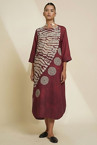 Deep Burgundy Blended Silk Digital Printed & Embroidered Tunic by TAIKA by Poonam Bhagat