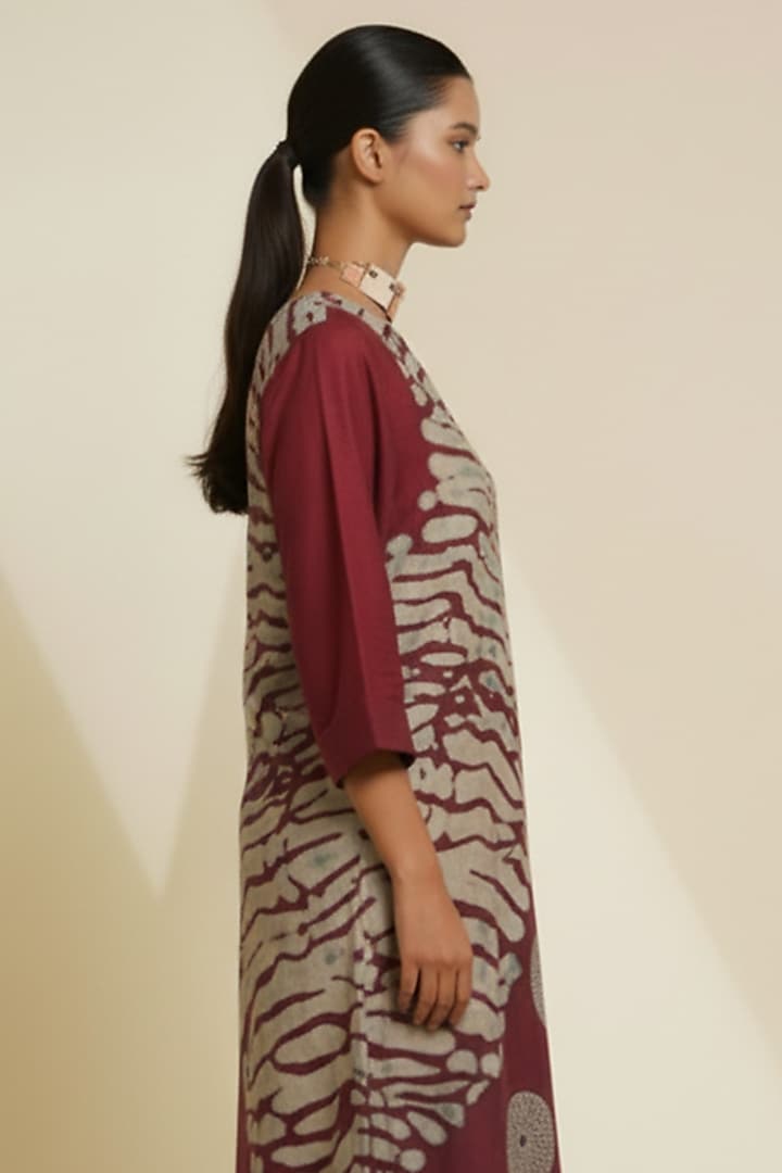 Deep Burgundy Blended Silk Digital Printed & Embroidered Tunic by TAIKA by Poonam Bhagat at Pernia's Pop Up Shop