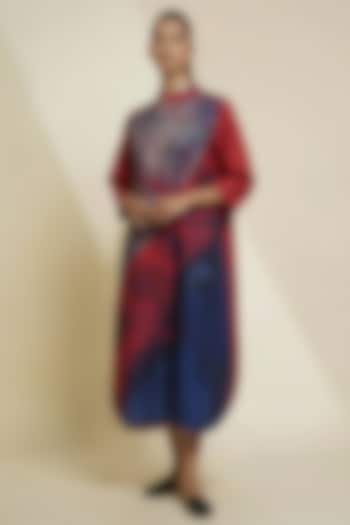 Deep Red & Midnight Blue Blended Silk Digital Printed Asymmetrical Tunic by TAIKA by Poonam Bhagat at Pernia's Pop Up Shop