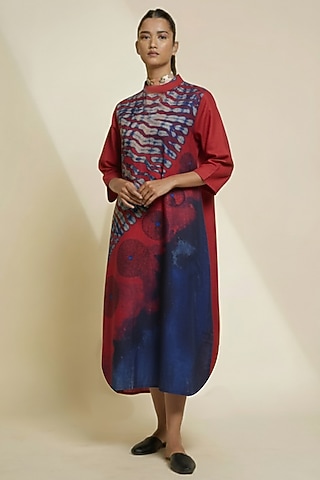 Deep Red & Midnight Blue Blended Silk Digital Printed Asymmetrical Tunic by TAIKA by Poonam Bhagat