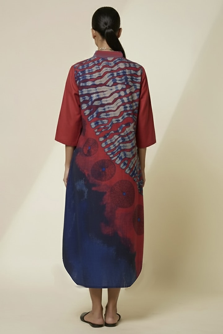 Deep Red & Midnight Blue Blended Silk Digital Printed Asymmetrical Tunic by TAIKA by Poonam Bhagat at Pernia's Pop Up Shop