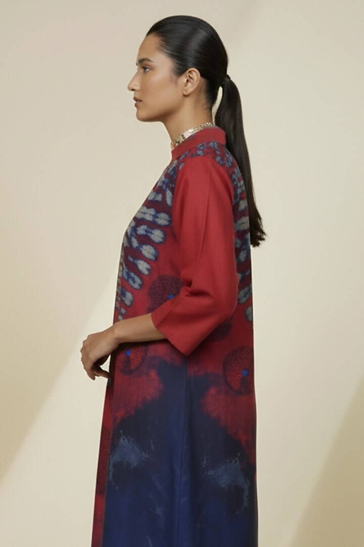 Deep Red & Midnight Blue Blended Silk Digital Printed Asymmetrical Tunic by TAIKA by Poonam Bhagat at Pernia's Pop Up Shop