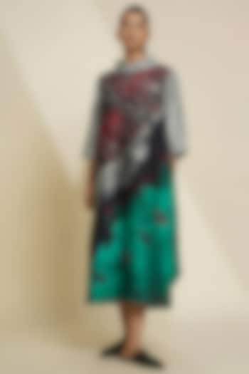 Grey & Aqua Green Blended Silk Digital Printed Tunic by TAIKA by Poonam Bhagat at Pernia's Pop Up Shop