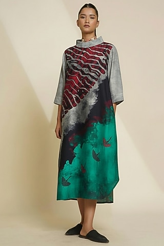 Grey & Aqua Green Blended Silk Digital Printed Tunic by TAIKA by Poonam Bhagat