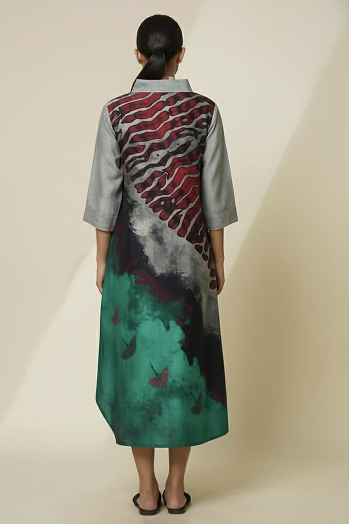 Grey & Aqua Green Blended Silk Digital Printed Tunic by TAIKA by Poonam Bhagat at Pernia's Pop Up Shop