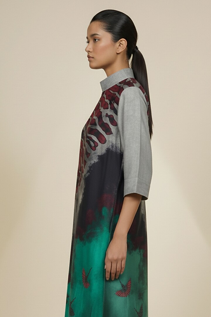 Grey & Aqua Green Blended Silk Digital Printed Tunic by TAIKA by Poonam Bhagat at Pernia's Pop Up Shop