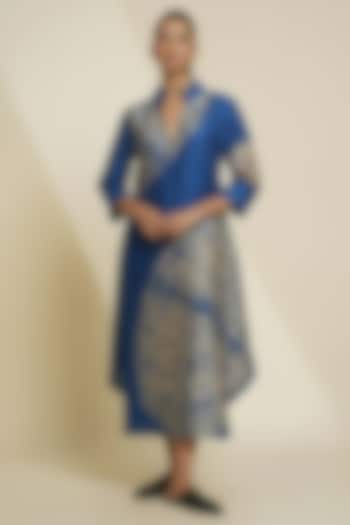 Cobalt Blue & Cream Blended Silk Digital Printed Tunic by TAIKA by Poonam Bhagat at Pernia's Pop Up Shop