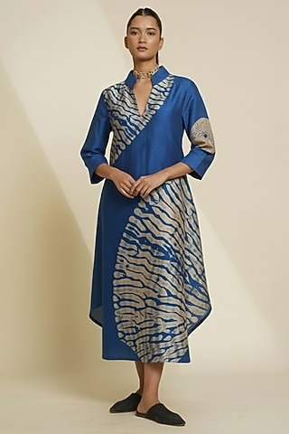 Cobalt Blue & Cream Blended Silk Digital Printed Tunic by TAIKA by Poonam Bhagat