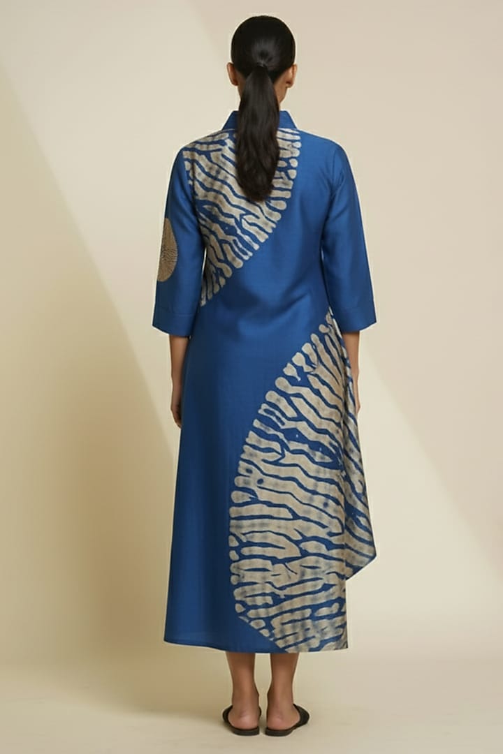 Cobalt Blue & Cream Blended Silk Digital Printed Tunic by TAIKA by Poonam Bhagat at Pernia's Pop Up Shop