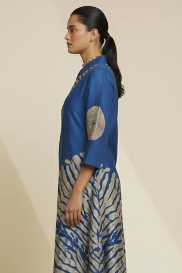 Cobalt Blue & Cream Blended Silk Digital Printed Tunic by TAIKA by Poonam Bhagat at Pernia's Pop Up Shop