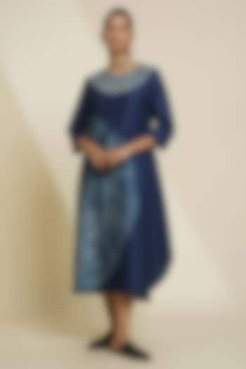 Midnight Blue & Cream Blended Silk Digital Printed Tunic by TAIKA by Poonam Bhagat at Pernia's Pop Up Shop