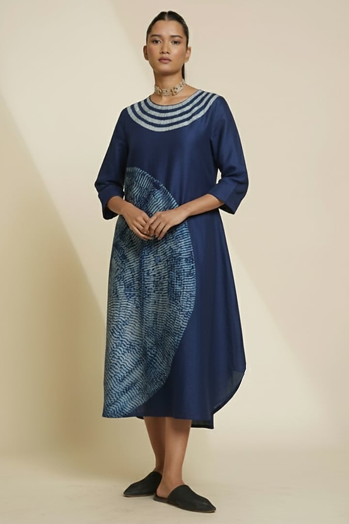 Midnight Blue & Cream Blended Silk Digital Printed Tunic by TAIKA by Poonam Bhagat at Pernia's Pop Up Shop