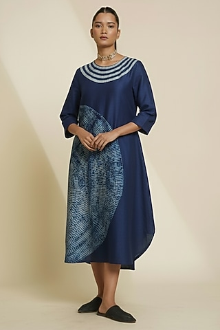 Midnight Blue & Cream Blended Silk Digital Printed Tunic by TAIKA by Poonam Bhagat