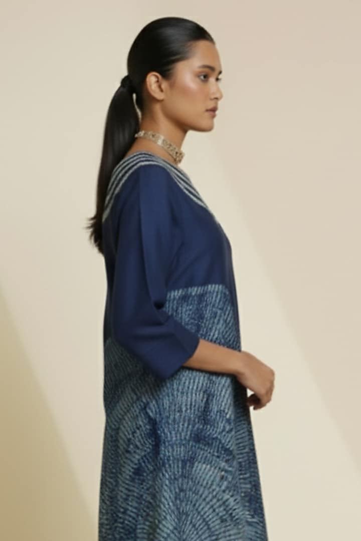 Midnight Blue & Cream Blended Silk Digital Printed Tunic by TAIKA by Poonam Bhagat at Pernia's Pop Up Shop