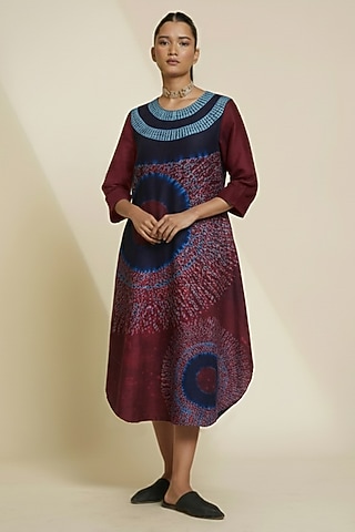 Midnight Blue & Burgundy Blended Silk Digital Printed Tunic by TAIKA by Poonam Bhagat