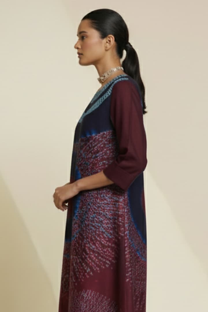 Midnight Blue & Burgundy Blended Silk Digital Printed Tunic by TAIKA by Poonam Bhagat at Pernia's Pop Up Shop