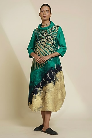 Aqua Green & Ivory Blended Silk Digital Printed Tunic by TAIKA by Poonam Bhagat