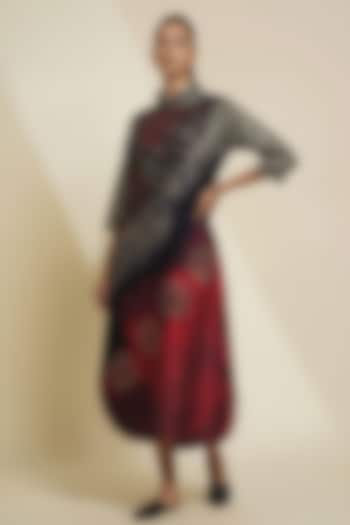 Dark Grey & Burgundy Blended Silk Digital Printed Tunic by TAIKA by Poonam Bhagat at Pernia's Pop Up Shop