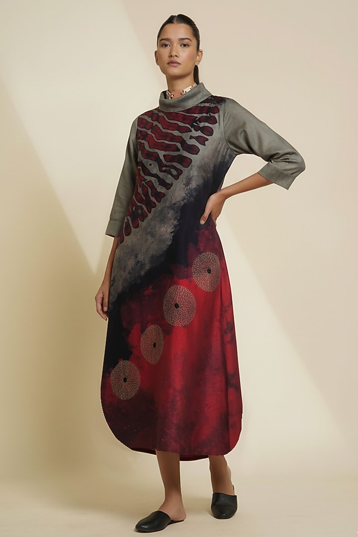 Dark Grey & Burgundy Blended Silk Digital Printed Tunic by TAIKA by Poonam Bhagat at Pernia's Pop Up Shop