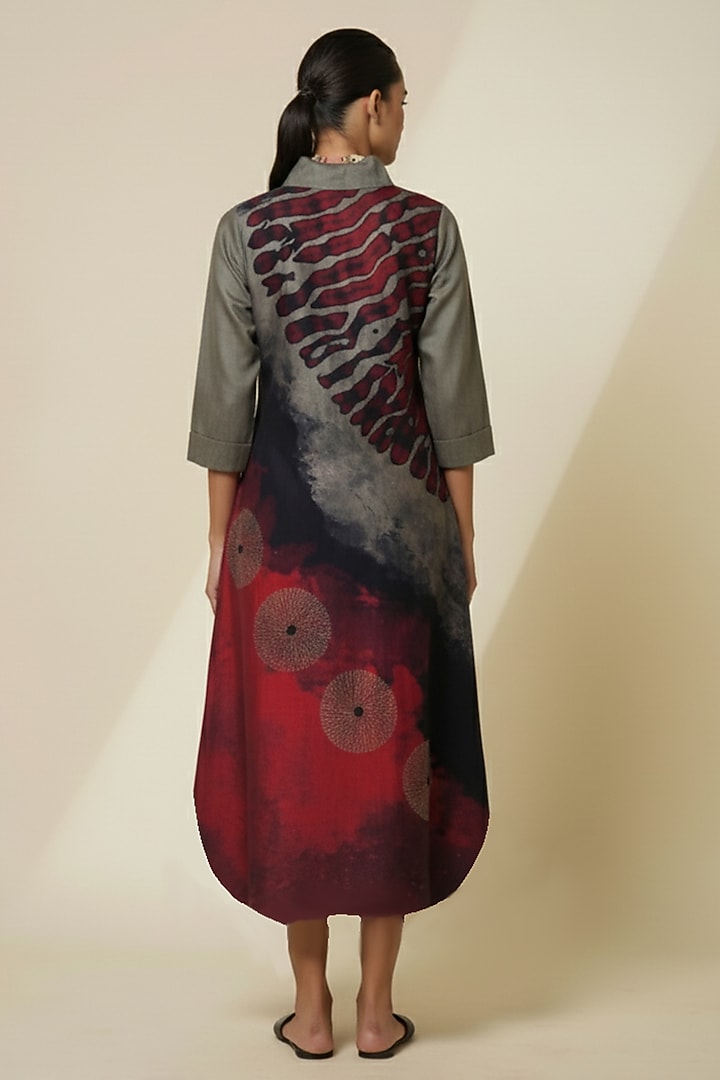 Dark Grey & Burgundy Blended Silk Digital Printed Tunic by TAIKA by Poonam Bhagat at Pernia's Pop Up Shop