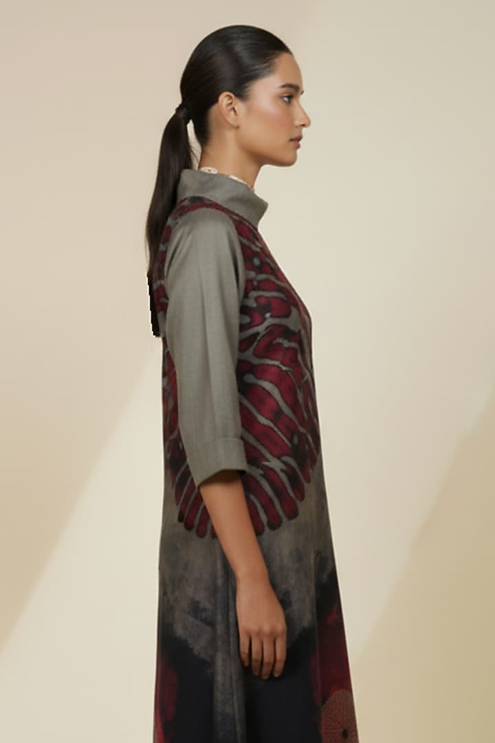 Dark Grey & Burgundy Blended Silk Digital Printed Tunic by TAIKA by Poonam Bhagat at Pernia's Pop Up Shop