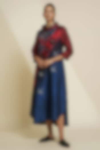 Deep Red & Midnight Blue Blended Silk Digital Printed Tunic by TAIKA by Poonam Bhagat at Pernia's Pop Up Shop