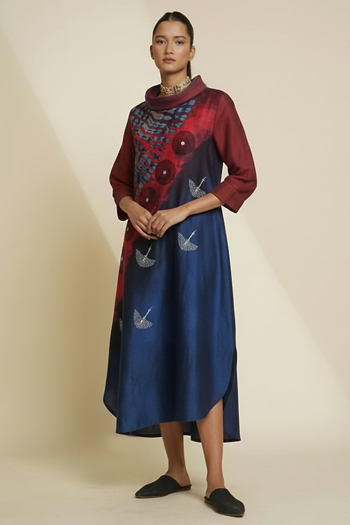 Deep Red & Midnight Blue Blended Silk Digital Printed Tunic by TAIKA by Poonam Bhagat at Pernia's Pop Up Shop