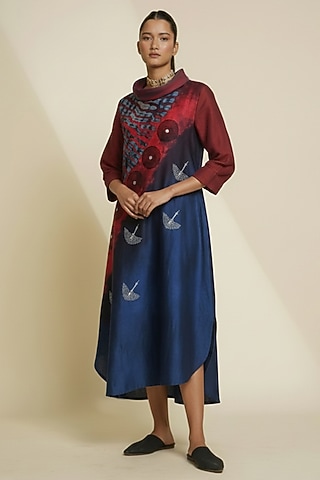 Deep Red & Midnight Blue Blended Silk Digital Printed Tunic by TAIKA by Poonam Bhagat