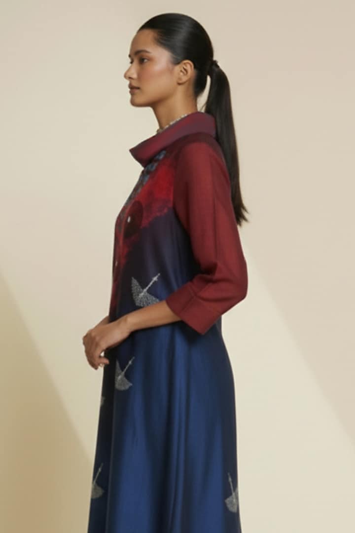 Deep Red & Midnight Blue Blended Silk Digital Printed Tunic by TAIKA by Poonam Bhagat at Pernia's Pop Up Shop