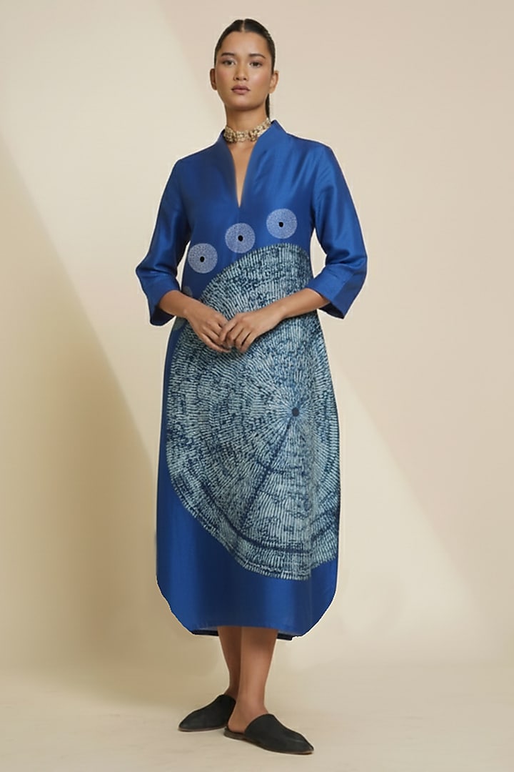 Royal Blue Blended Silk Digital Printed & Embroidered Tunic by TAIKA by Poonam Bhagat at Pernia's Pop Up Shop