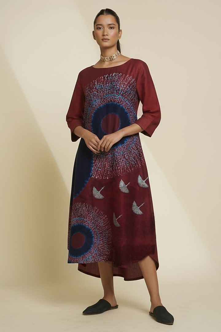 Burgundy & Midnight Blue Blended Silk Digital Printed Tunic by TAIKA by Poonam Bhagat at Pernia's Pop Up Shop