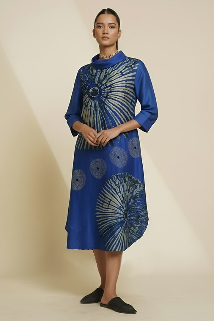Royal Blue Blended Silk Digital Printed & Embroidered Tunic by TAIKA by Poonam Bhagat at Pernia's Pop Up Shop