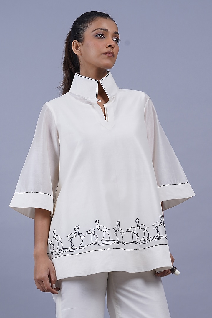Ivory Chanderi Machine Embroidered Top by Taika By Poonam Bhagat at Pernia's Pop Up Shop