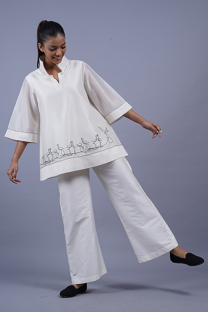 Ivory Chanderi Machine Embroidered Top by Taika By Poonam Bhagat at Pernia's Pop Up Shop