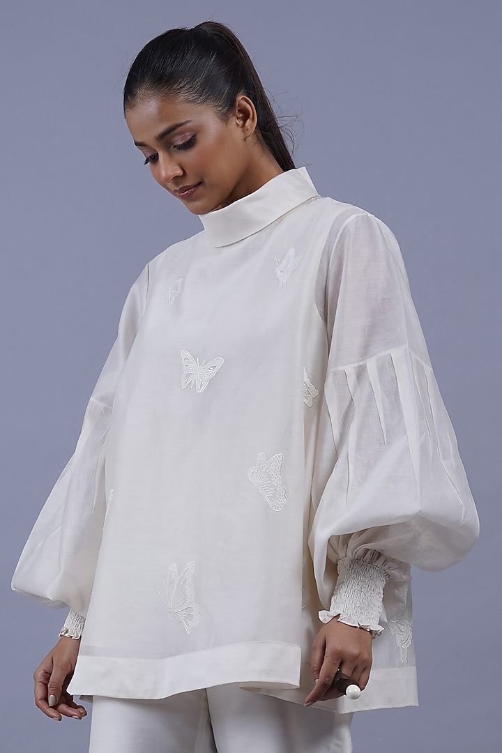 Ivory Chanderi Machine Embroidered Top by Taika By Poonam Bhagat at Pernia's Pop Up Shop