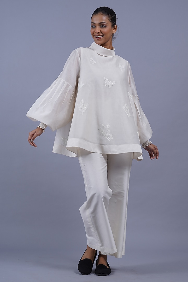 Ivory Chanderi Machine Embroidered Top by Taika By Poonam Bhagat at Pernia's Pop Up Shop
