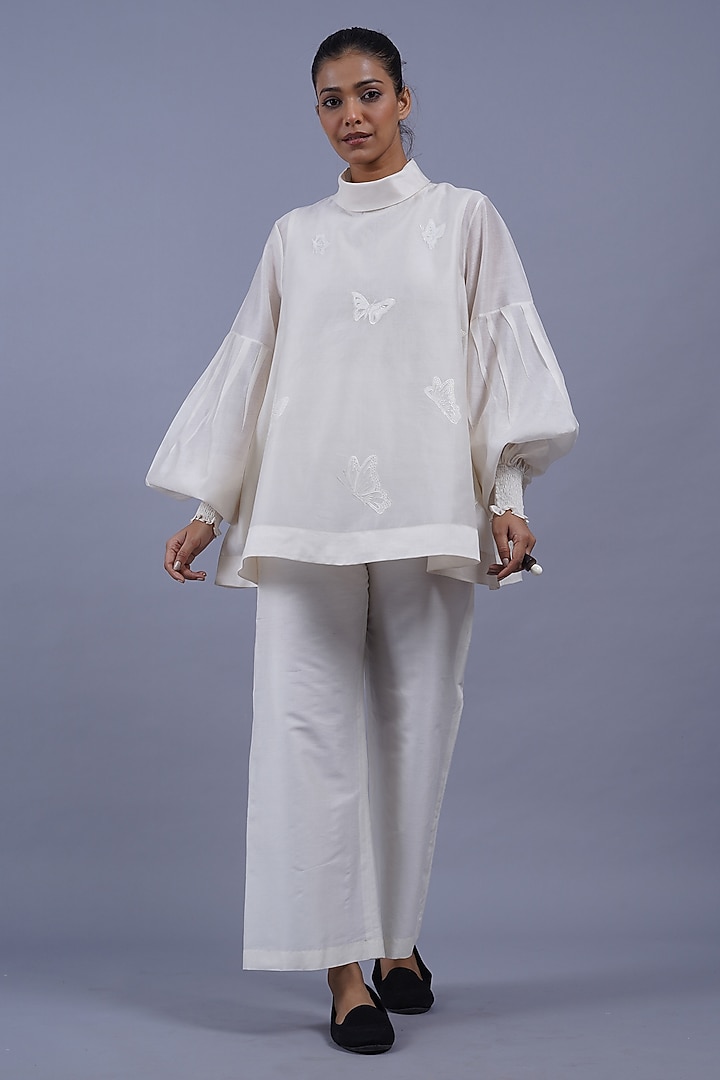 Ivory Chanderi Machine Embroidered Top by Taika By Poonam Bhagat at Pernia's Pop Up Shop