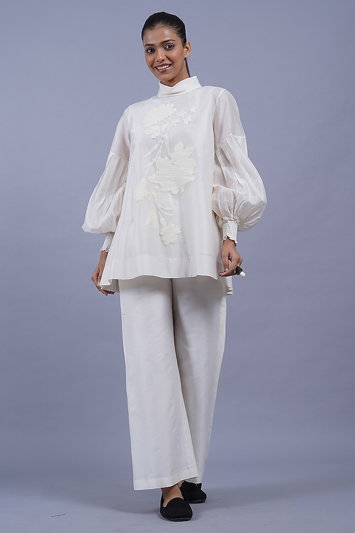 Ivory Chanderi Machine Embroidered Top by Taika By Poonam Bhagat at Pernia's Pop Up Shop