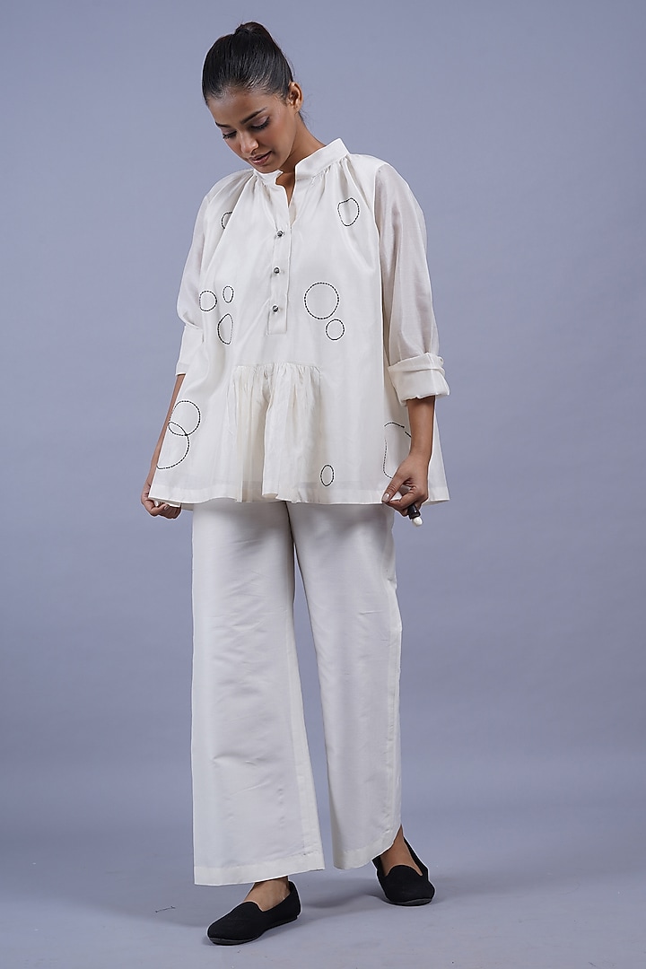 Ivory Chanderi Machine Embroidered Top by Taika By Poonam Bhagat at Pernia's Pop Up Shop
