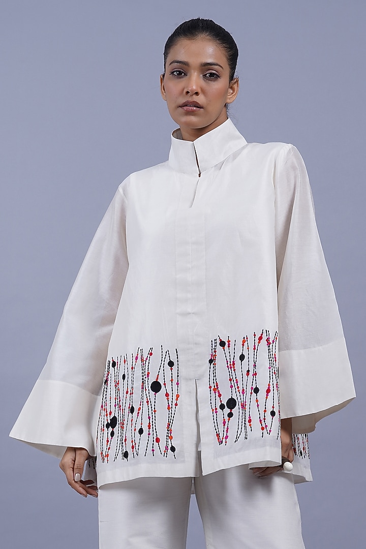 Ivory Chanderi Machine Embroidered Top by Taika By Poonam Bhagat at Pernia's Pop Up Shop