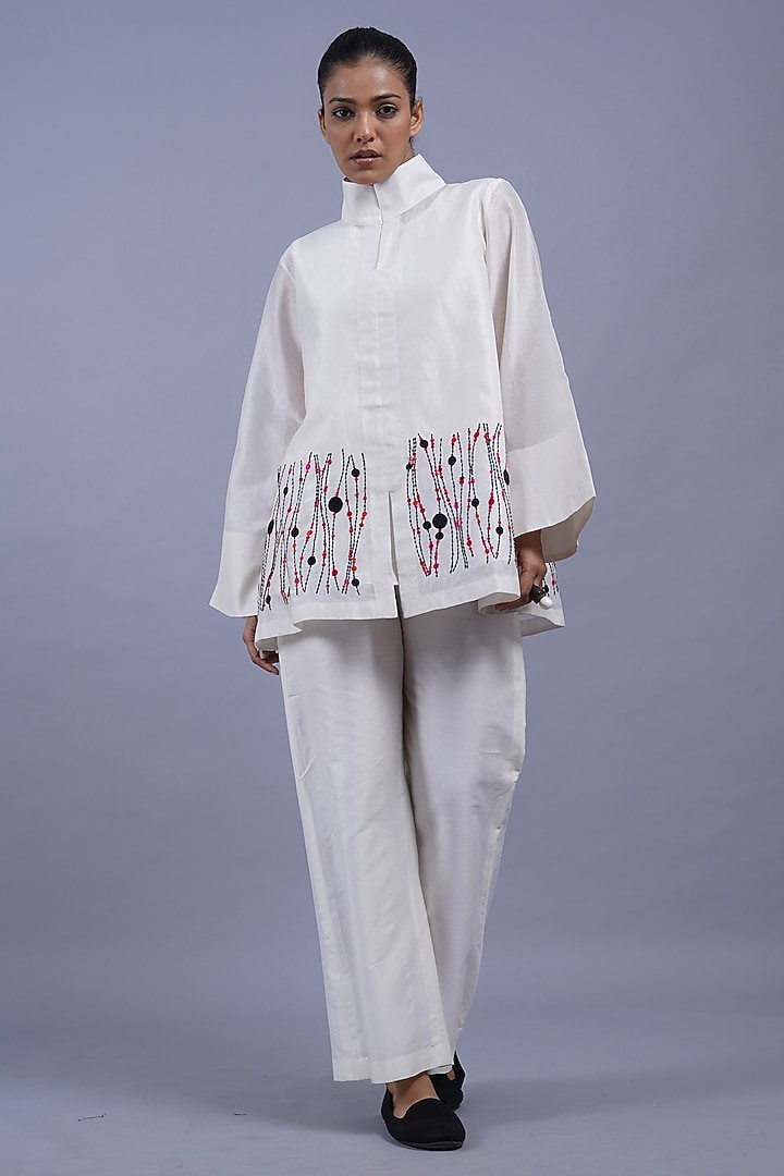 Ivory Chanderi Machine Embroidered Top by Taika By Poonam Bhagat at Pernia's Pop Up Shop