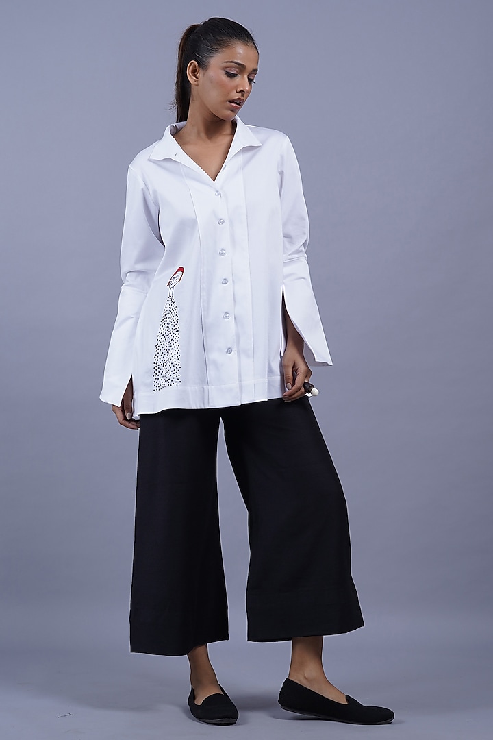 White Cotton Machine Embroidered Top by Taika By Poonam Bhagat at Pernia's Pop Up Shop