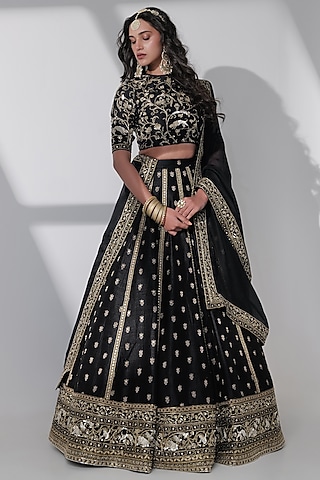 Black Pure Banarasi Zari Hand Embroidered Lehenga Set by Taisha