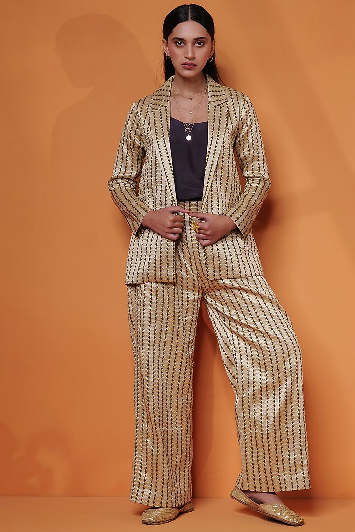 Coffee Pure Katan Silk Embroidered Co-Ord Set by Taisha at Pernia's Pop Up Shop