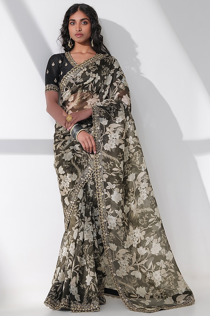 Black Khadi Organza Silk Printed & Embroidered Saree Set by Taisha at Pernia's Pop Up Shop