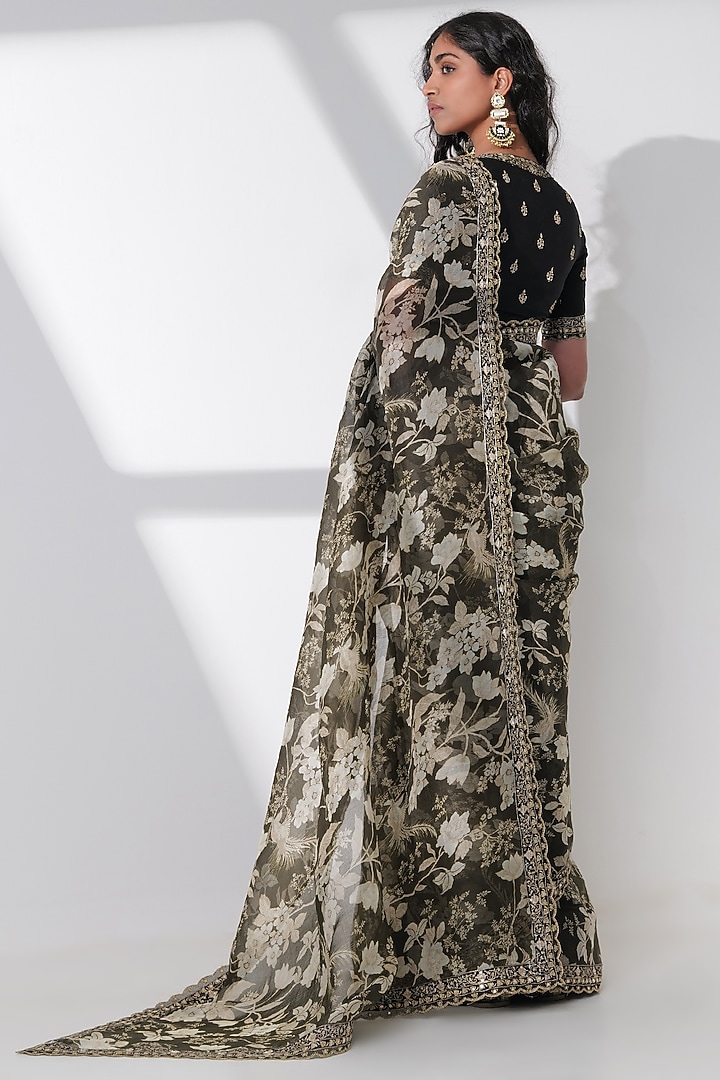 Black Khadi Organza Silk Printed & Embroidered Saree Set by Taisha at Pernia's Pop Up Shop
