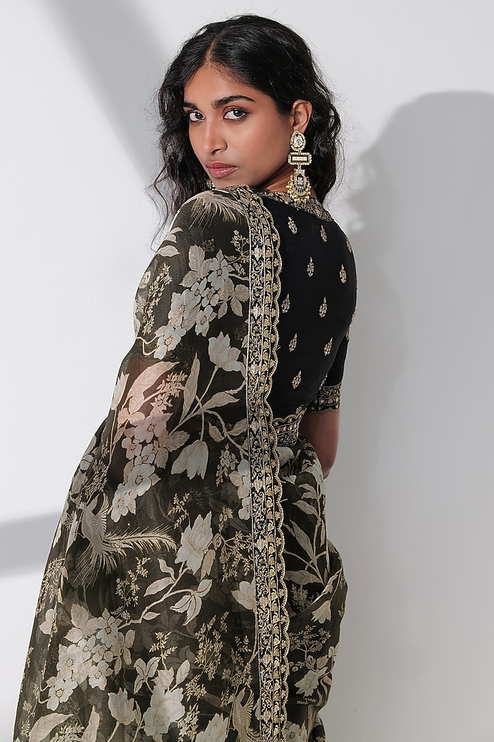 Black Khadi Organza Silk Printed & Embroidered Saree Set by Taisha at Pernia's Pop Up Shop
