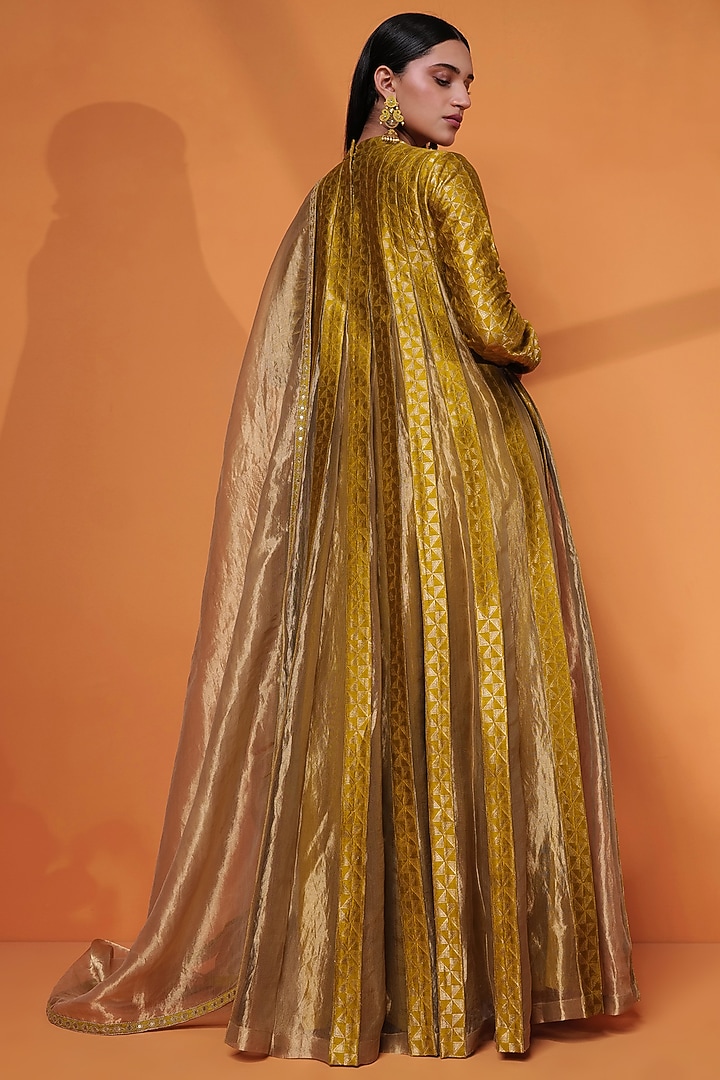 Tea Green Banarasi Katan Silk Embroidered Engagement Gown by Taisha at Pernia's Pop Up Shop